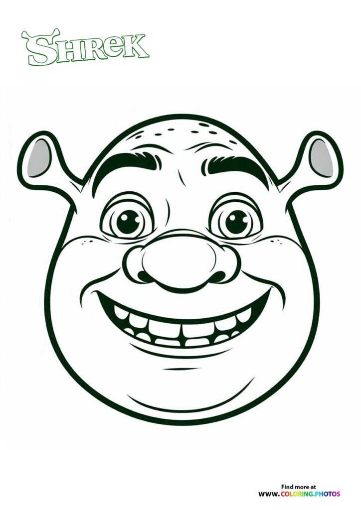 Shrek smiling with wide grin and big eyes coloring page from the animated movie Shrek