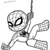 Cute little Spiderman hanging on a web coloring page
