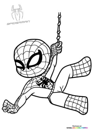 Cute little Spiderman hanging on a web coloring page