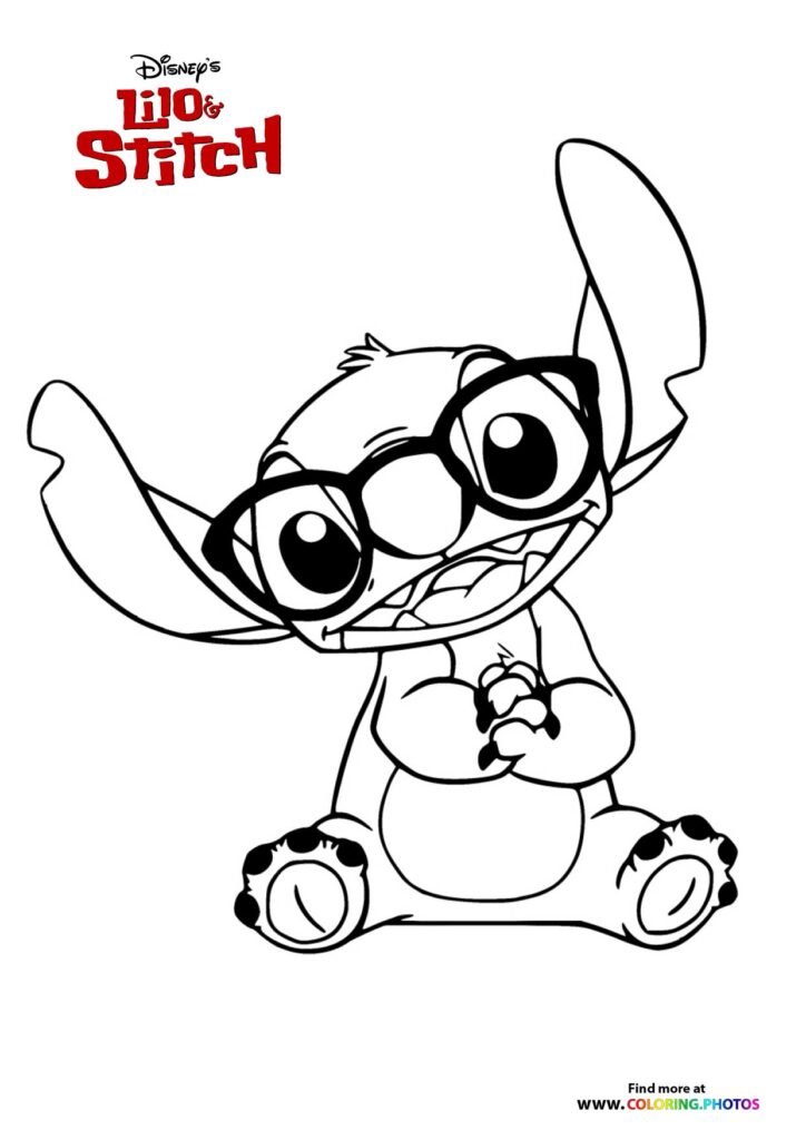 Stitch with big eyes and long ears sitting down coloring page from Lilo and Stitch