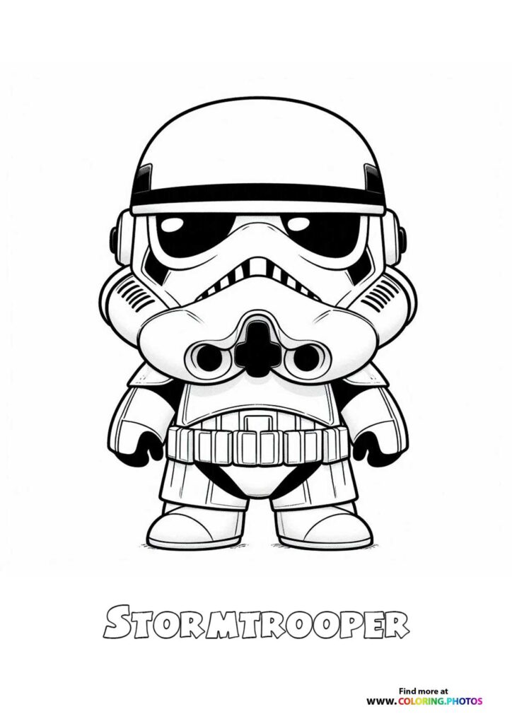 Chibi Stormtrooper in white armor with black helmet visor standing at attention coloring page from Star Wars