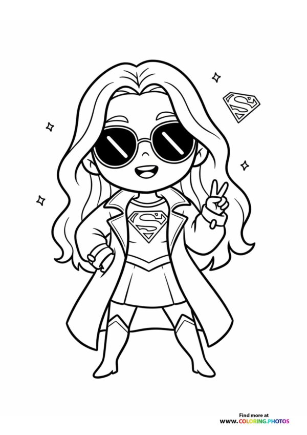 Supergirl wearing sunglasses and superhero suit making a peace sign pose coloring page from SuperGirl 2026