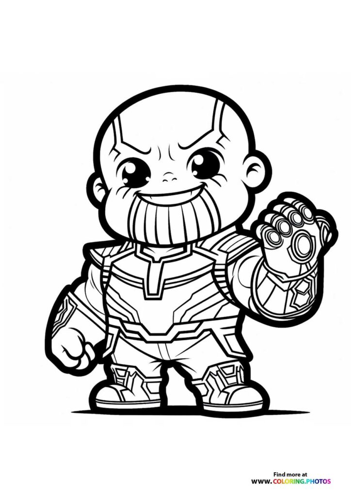 Chibi Thanos wearing the Infinity Gauntlet with a big smile coloring page from Marvel