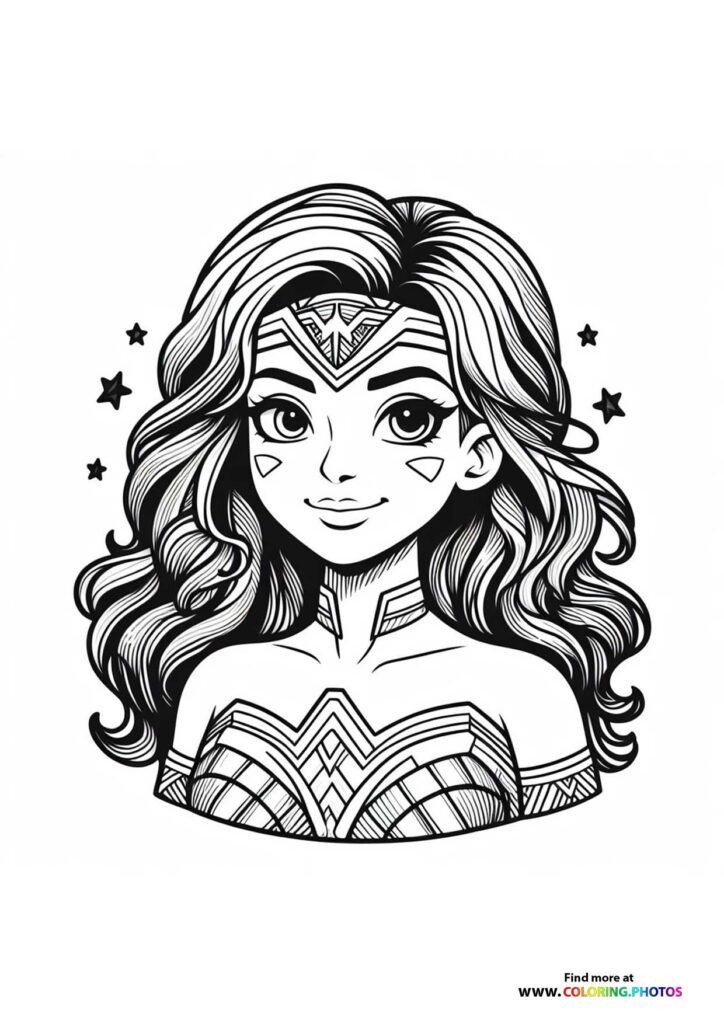 Wonder Woman with tiara and breastplate armor surrounded by stars coloring page