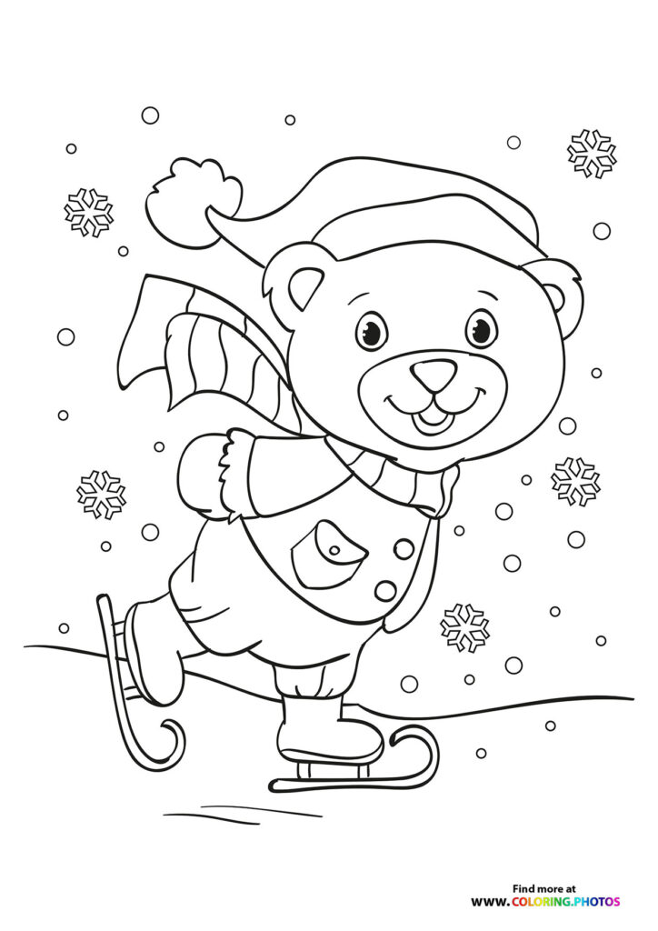 Cute bear ice skating with scarf and mittens surrounded by snowflakes coloring page