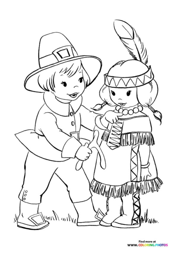 Cute boy and girl pilgrims coloring page