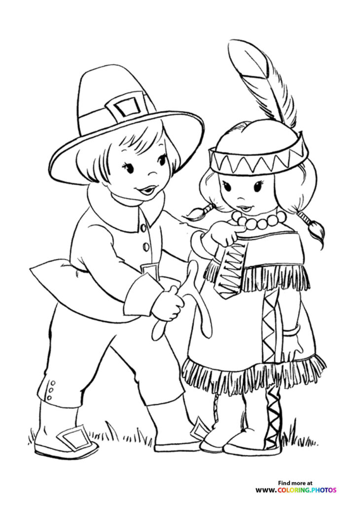Pilgrim girl and Native American child shaking hands Thanksgiving coloring page