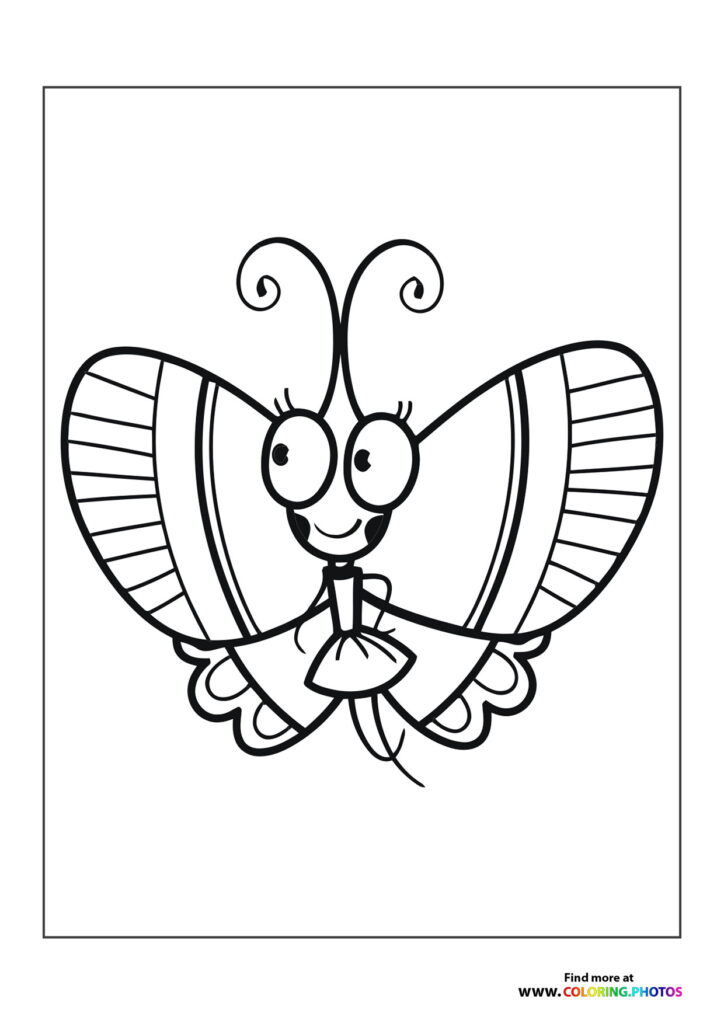 Smiling cartoon butterfly with large striped wings and curled antennae coloring page
