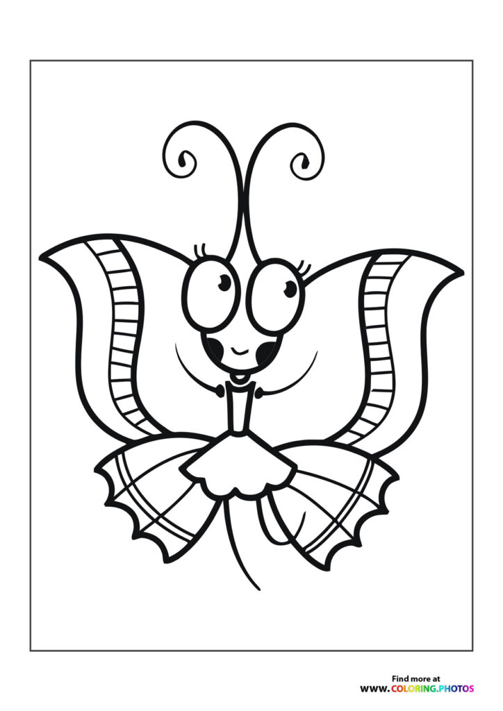Cute cartoon butterfly with spiral antennae and striped wings coloring page