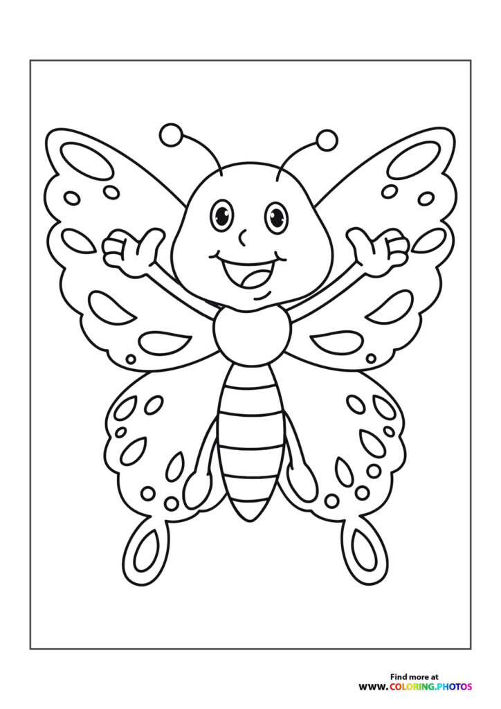 Happy cartoon butterfly with spotted wings and smiling face coloring page
