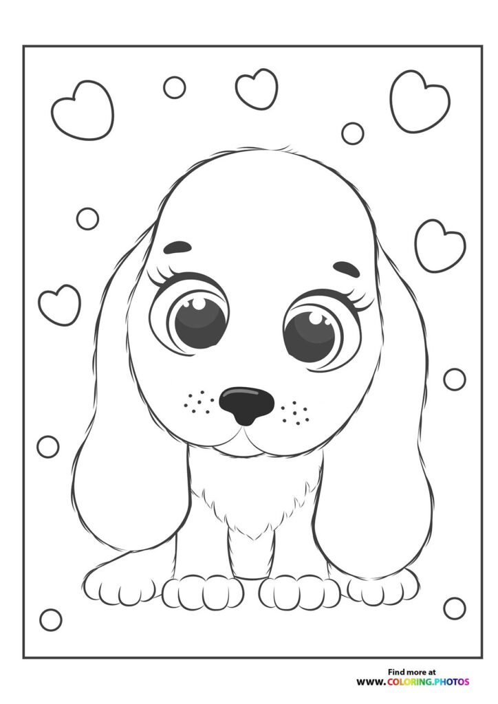 Cute puppy with long floppy ears, big eyes, and surrounded by hearts coloring page
