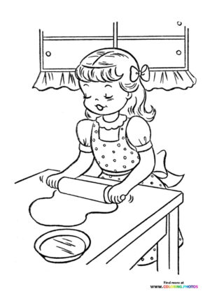 Cute girl preparing thanksgiving dinner coloring page