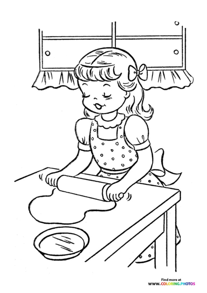 Girl in polka-dot apron rolling pie dough at kitchen counter, Thanksgiving baking coloring page