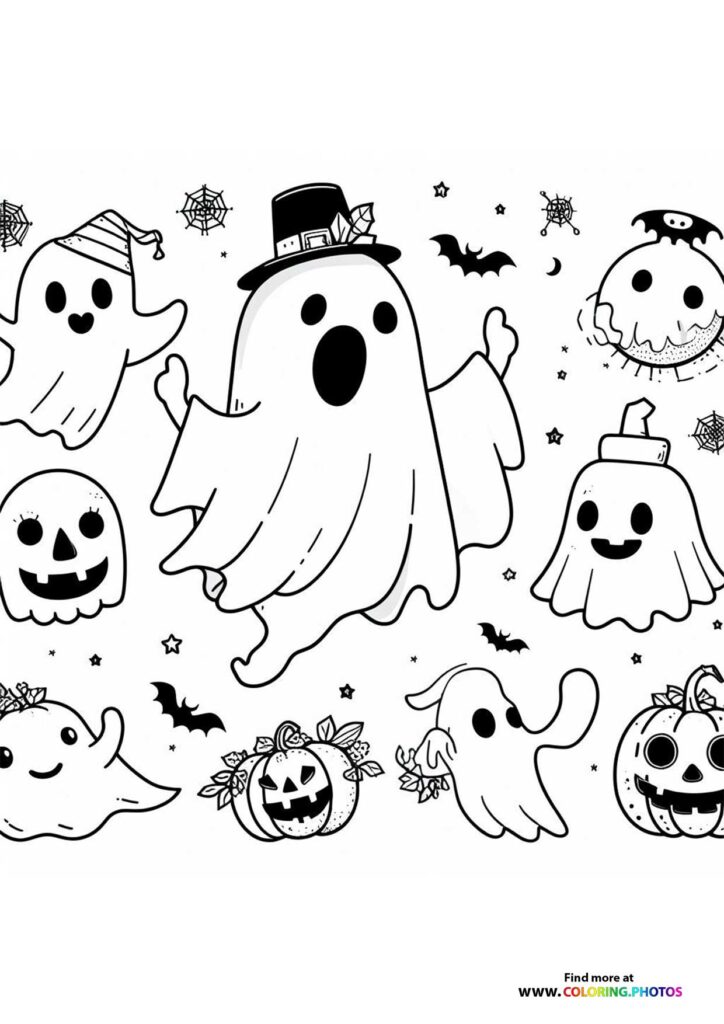 Collection of cartoon Halloween ghosts with jack-o'-lantern pumpkins, bats, and spiderwebs coloring page