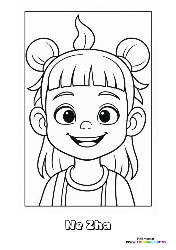 Ne Zha smiling with double buns and flame on head coloring page from Ne Zha 2