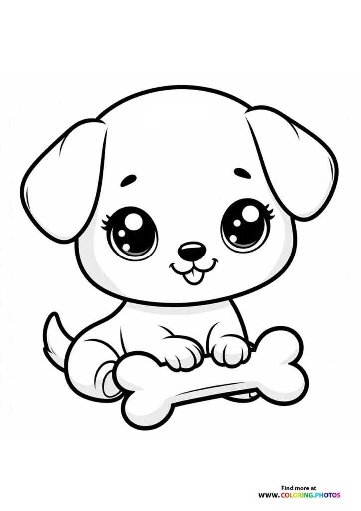 Cute puppy with big eyes and floppy ears holding a bone coloring page