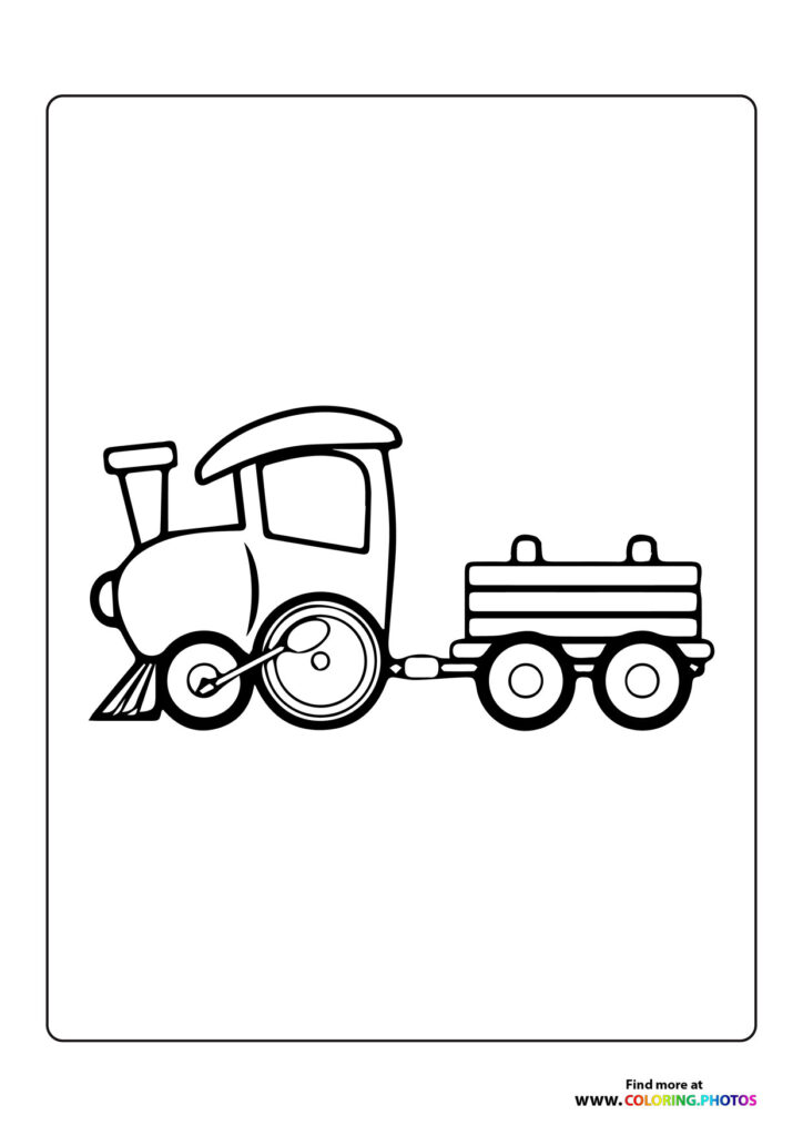 Steam locomotive with smokestack pulling a wooden cargo car with wheels, vintage train coloring page