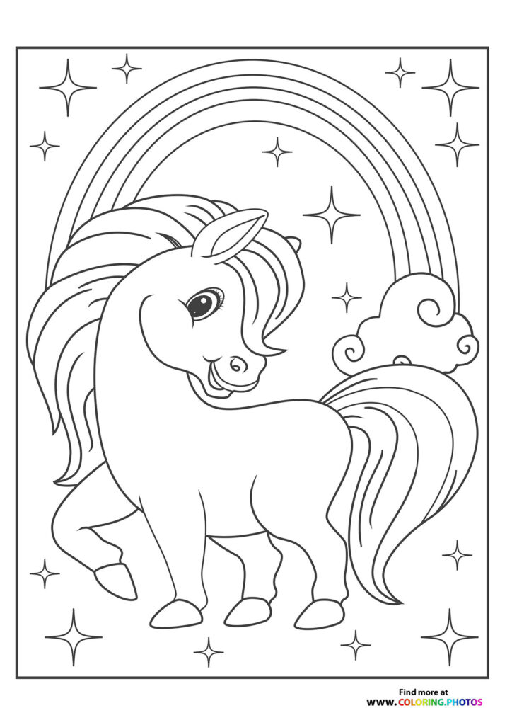 A magical pony with flowing mane and tail under a rainbow with stars and clouds coloring page