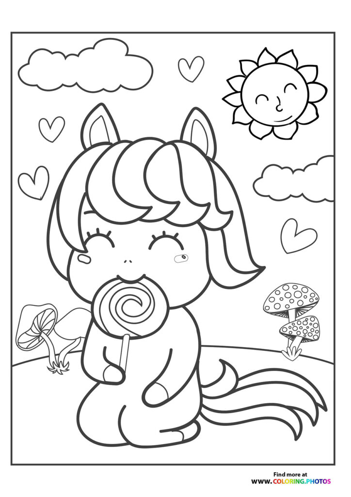 Little pony with long hair holding a spiral lollipop, clouds, sunshine and flowers coloring page