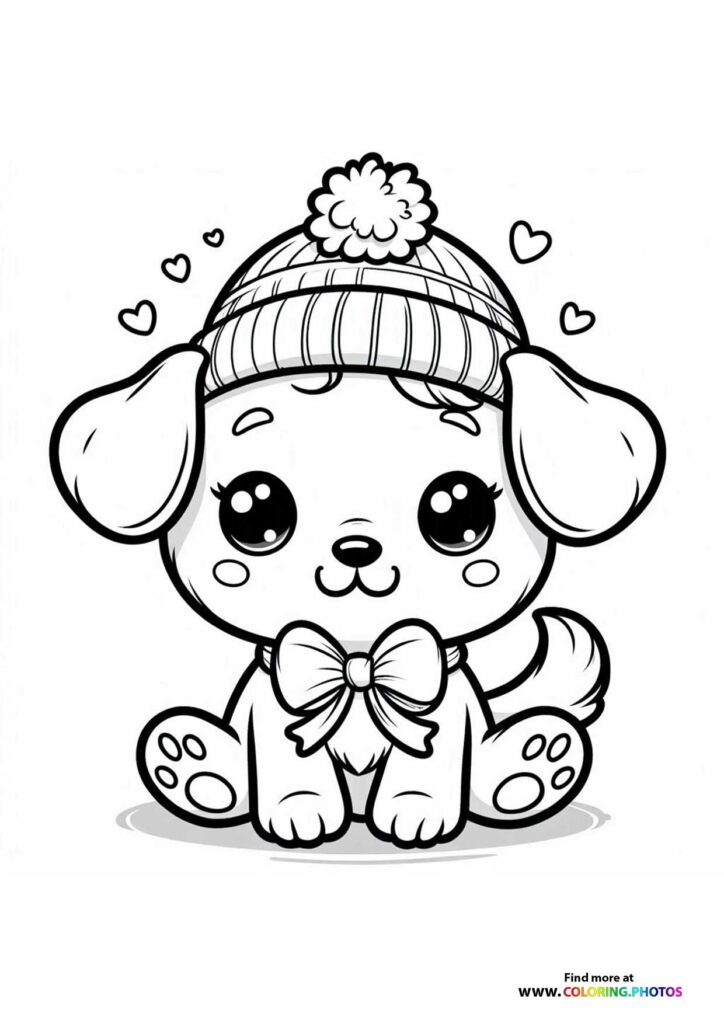 Cute puppy wearing striped winter hat with pom-pom and bow tie, surrounded by hearts coloring page
