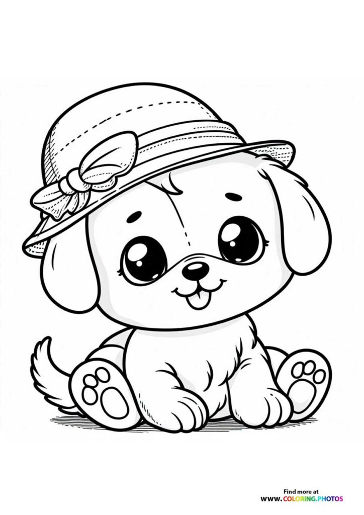 Cute puppy wearing a sun hat with bow sitting down coloring page