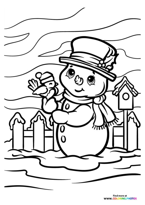 Little snowman with a bird coloring page