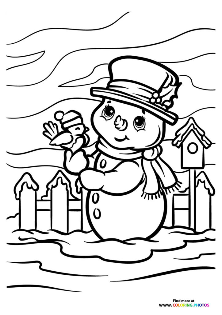 Cheerful snowman holding a bird with striped hat, scarf, birdhouse and snow-covered fence coloring page