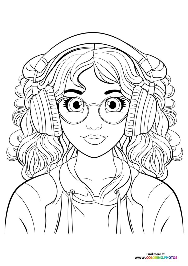 Teenage girl wearing round glasses and headphones with curly wavy hair coloring page