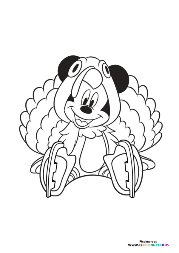 Cute Mickey Mouse in thanksgiving turkey suit coloring page