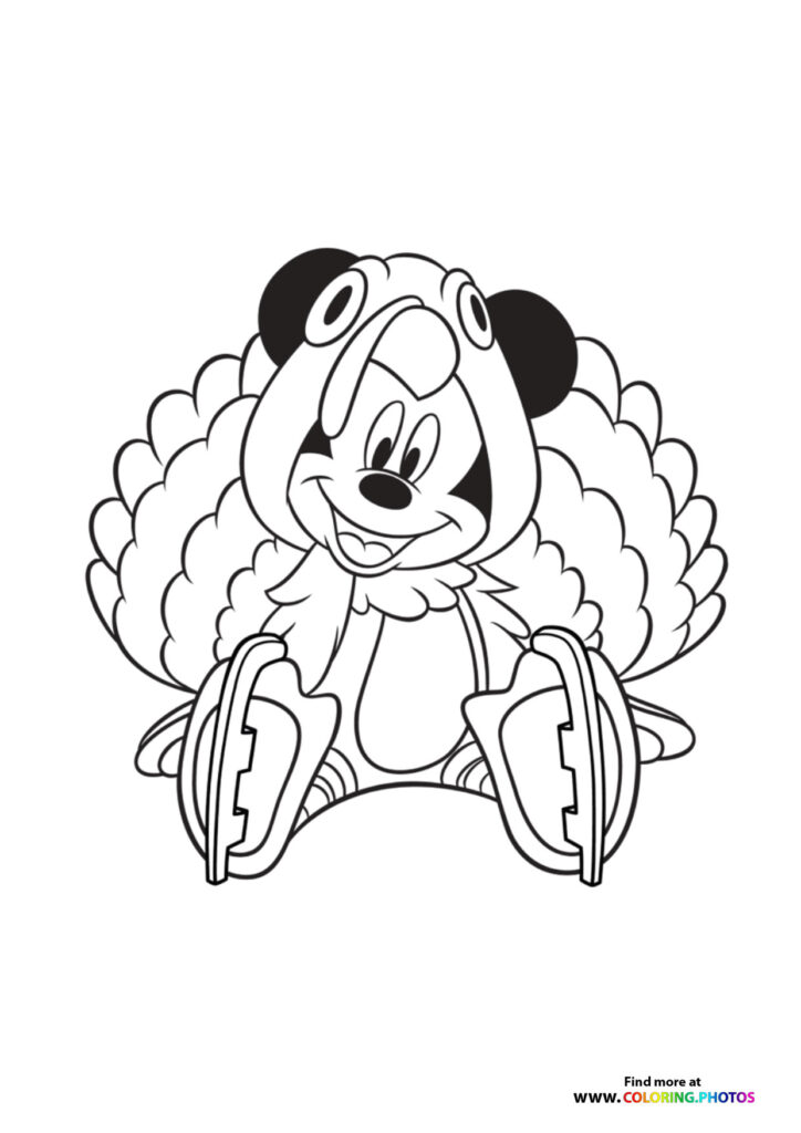 Mickey Mouse dressed as a turkey with large tail feathers and gloves coloring page