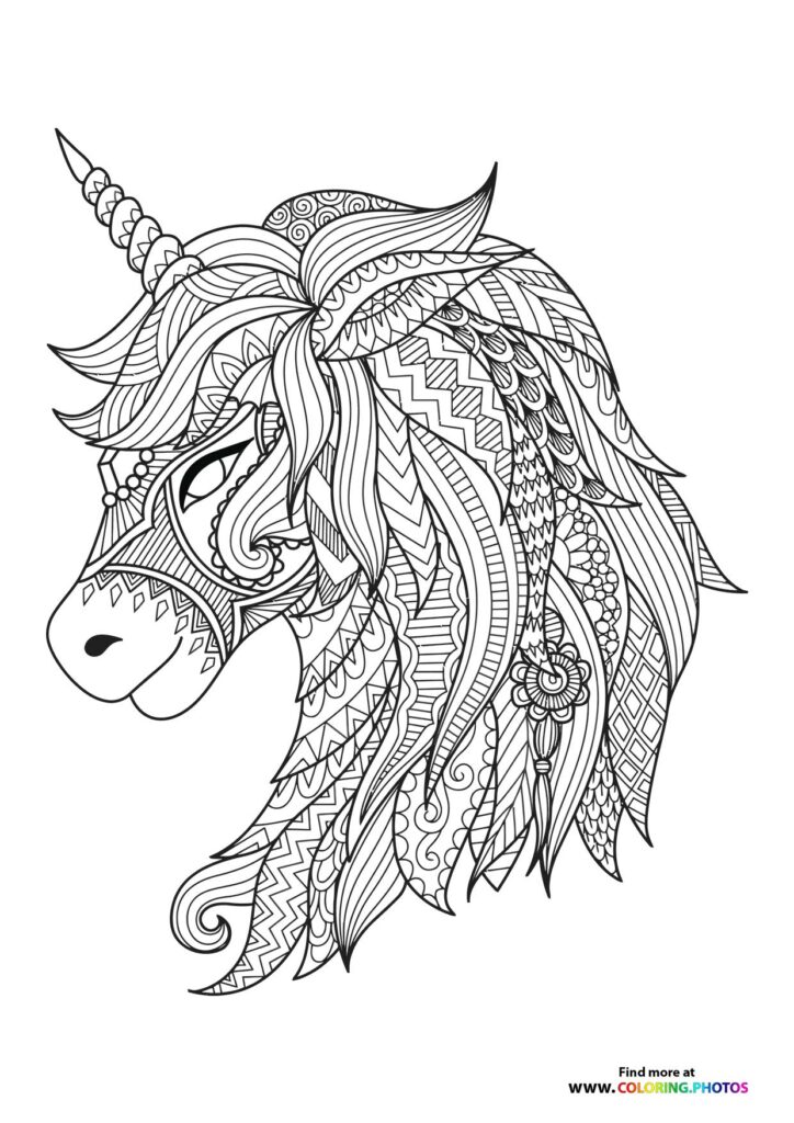Ornate unicorn head with spiral horn and patterned mane filled with geometric designs coloring page