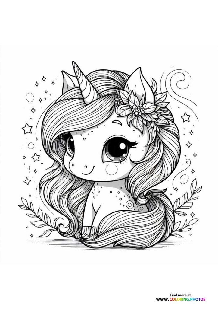 Young unicorn with flower crown, spiraling horn, and long wavy mane surrounded by stars and magical elements coloring page