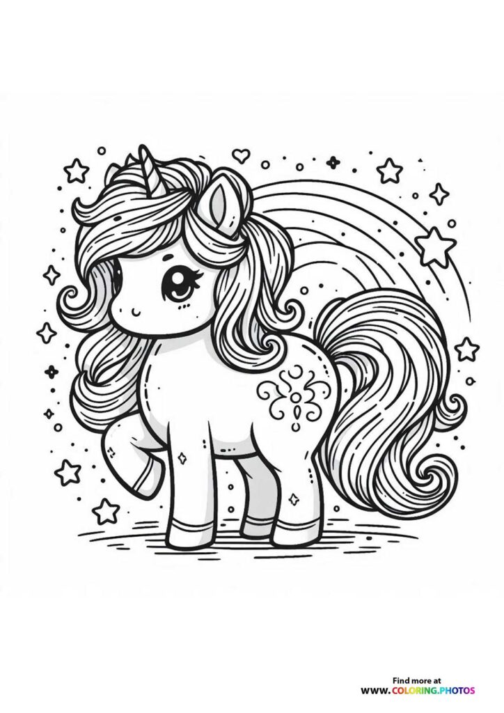 Cute unicorn with long wavy mane, spiral horn, and decorative flower marking coloring page