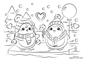 Cute winter penguins coloring page