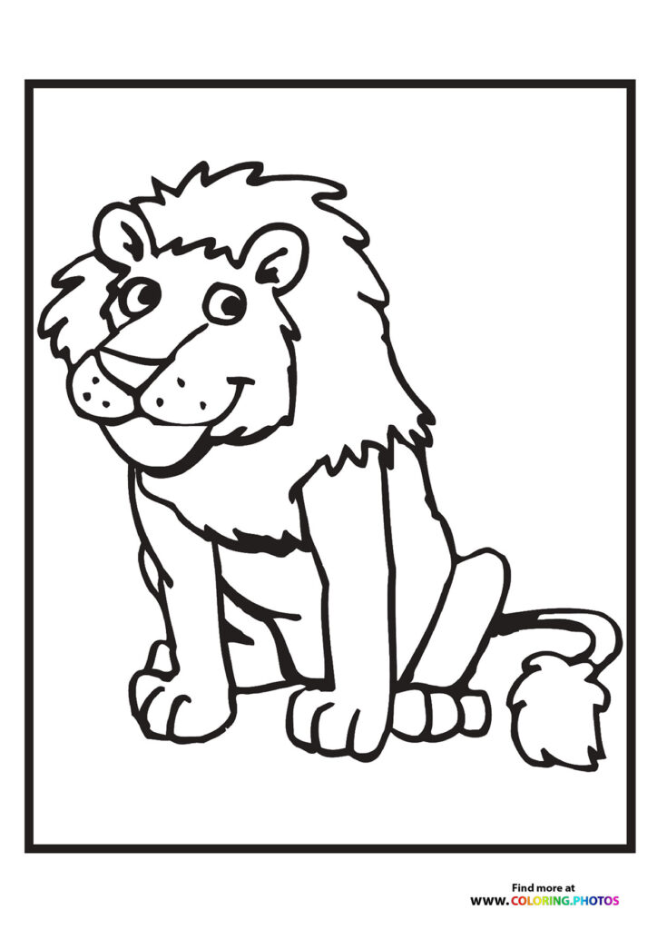 Friendly lion with big smile and fluffy mane sitting upright coloring page