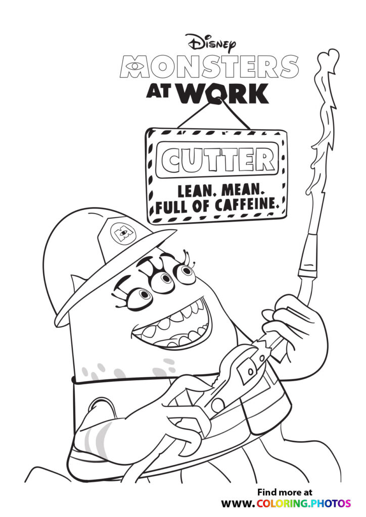 Cutter from Monsters at Work holding a coffee cup and sign, coloring page