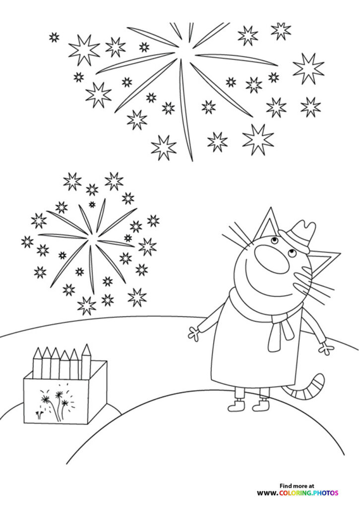 Kid-E-Cats character celebrating with fireworks and stars coloring page