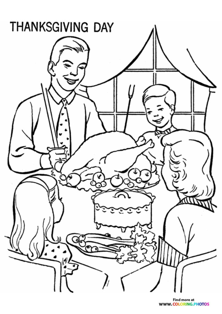 Father, child, and grandmother gathered around Thanksgiving dinner table with roasted turkey coloring page