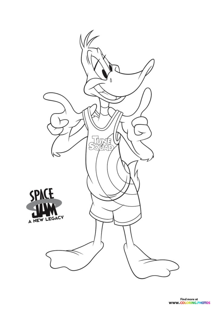 Daffy Duck wearing Tune Squad basketball jersey and shorts coloring page from Space Jam: A New Legacy