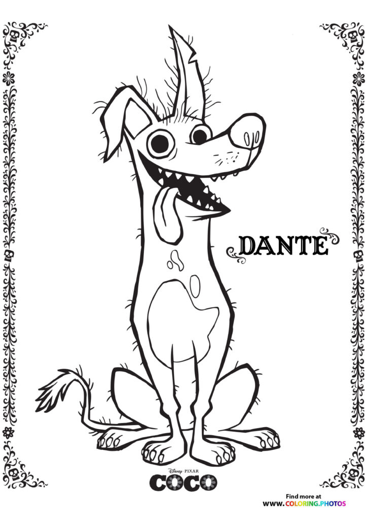 Dante the hairless dog from Disney Pixar's Coco smiling with tongue out and skeletal face coloring page
