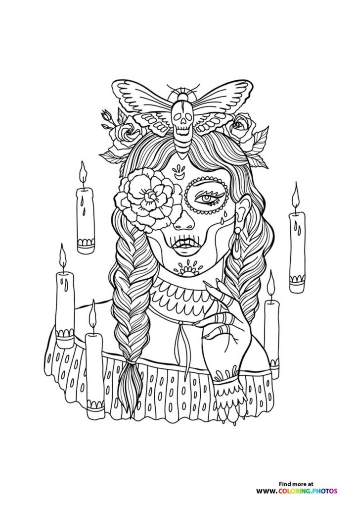 Girl with skull face paint, braided hair, death moth, and candles coloring page