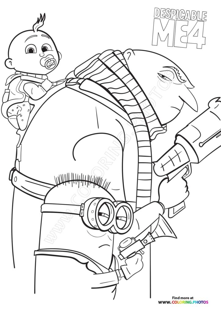 Gru holding a baby and blaster with Minions on either side from Despicable Me 4 coloring page