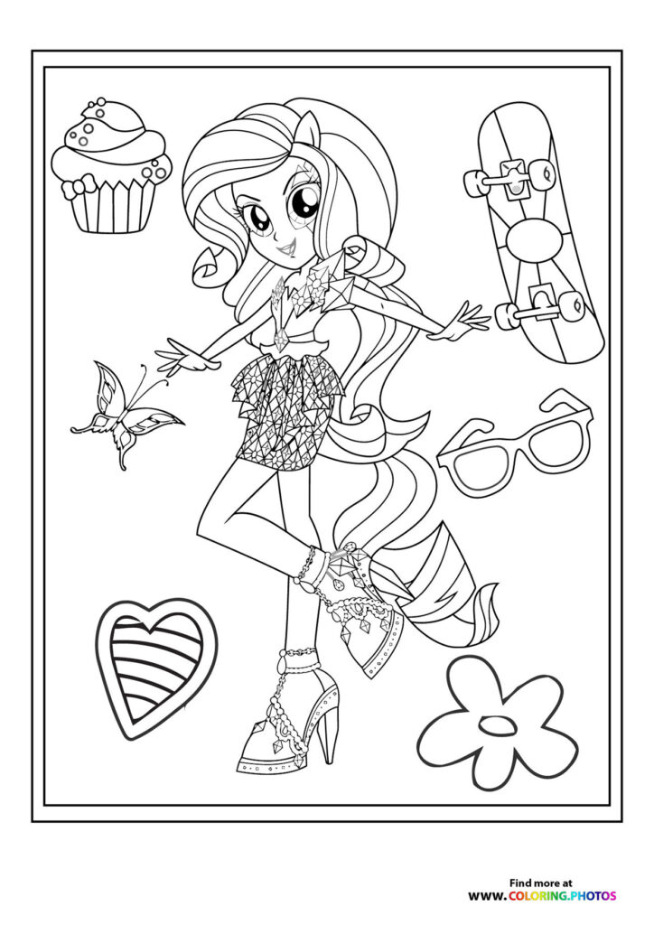 Fashion girl with long hair holding skateboard surrounded by cupcake, sunglasses, and flower coloring page