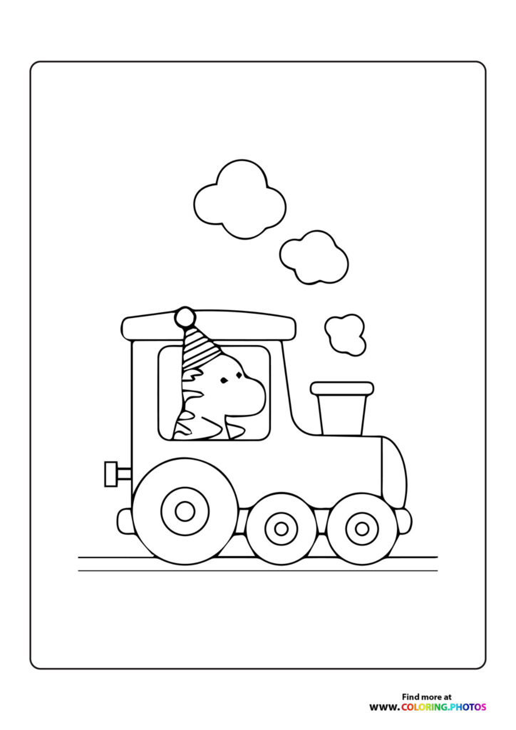 Dinosaur wearing a striped party hat looking out from a toy train engine with three wheels, clouds, and smokestack coloring page