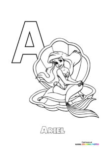 Letter A with Ariel the mermaid sitting on a shell, coloring page from The Little Mermaid