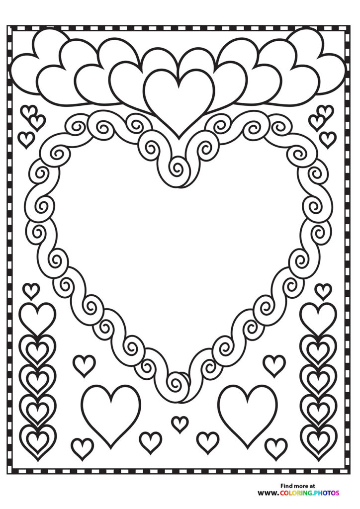 Valentine's Day card with ornate swirled heart frame and decorative hearts coloring page