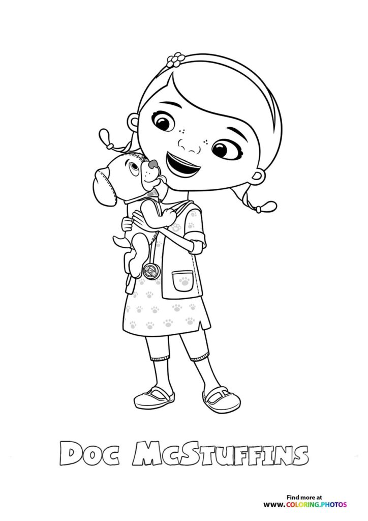 Doc McStuffins holding Stuffy the dragon, wearing a doctor coat and stethoscope, coloring page