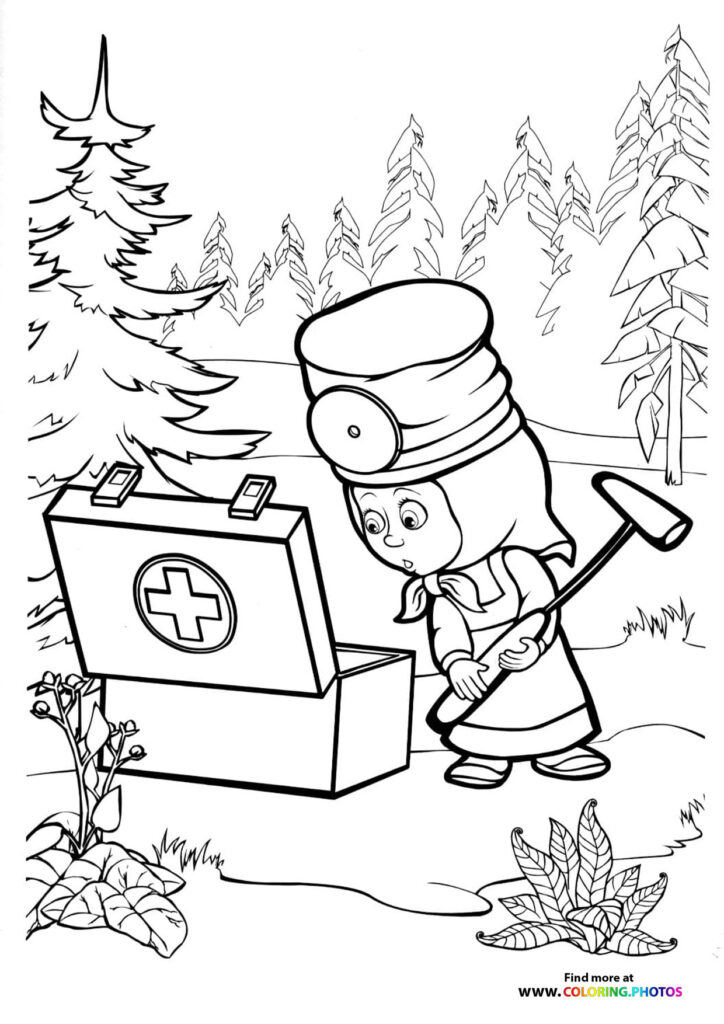 Masha dressed as a doctor with medical hat and first-aid kit in a forest coloring page
