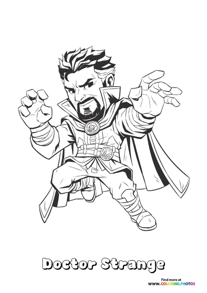 Doctor Strange in powerful stance with raised hands and magical aura coloring page from Marvel Rivals game