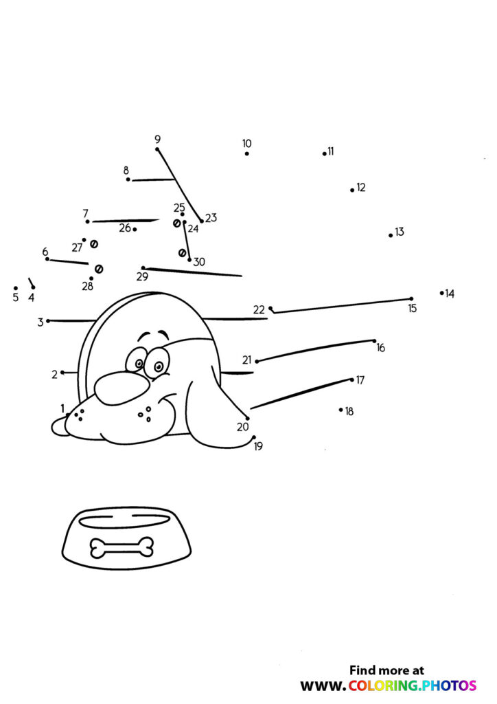 Happy dog with food bowl dot to dot coloring page, 30 dots to connect